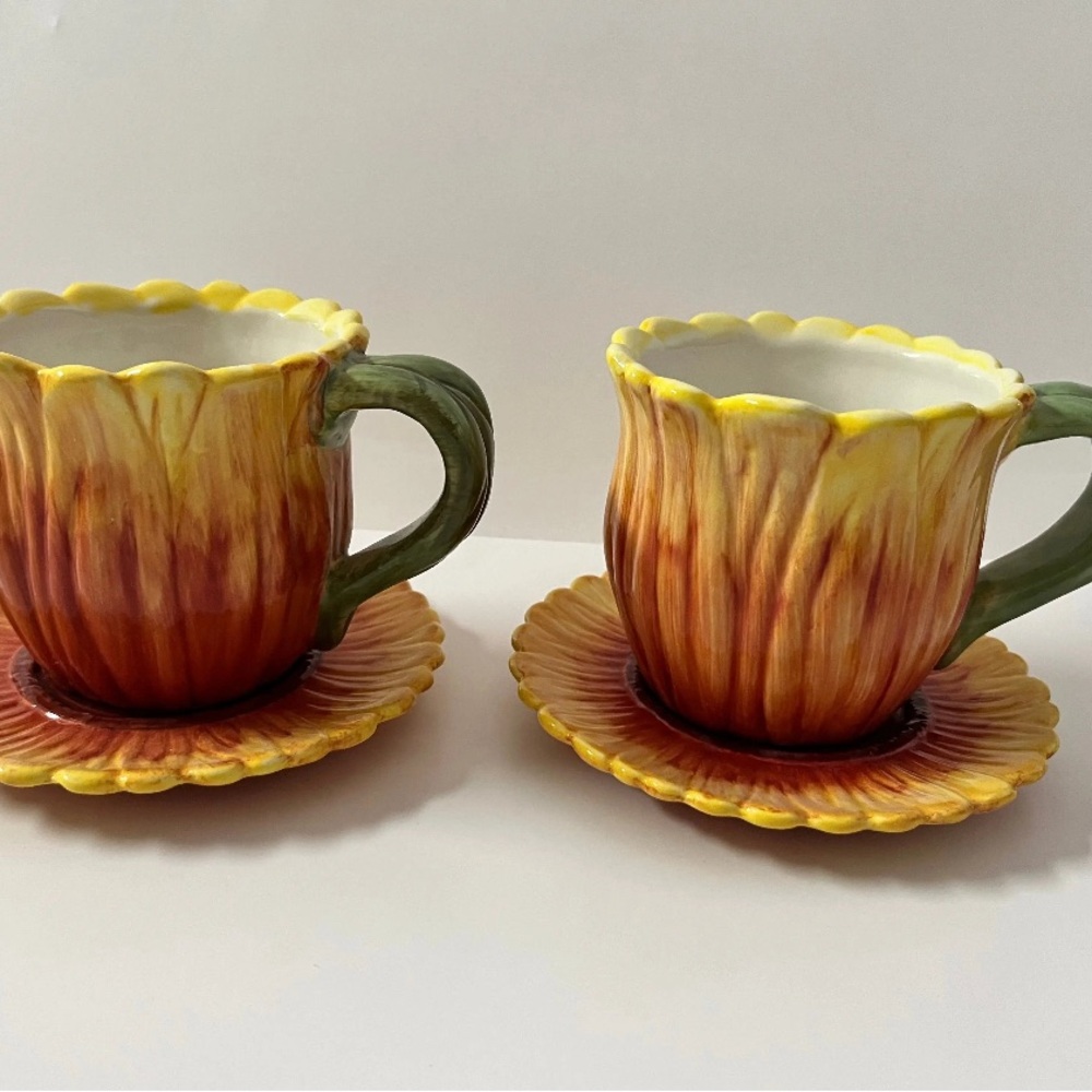 Susan Winget Sunflower/Pumpkin Teacups & Saucers.